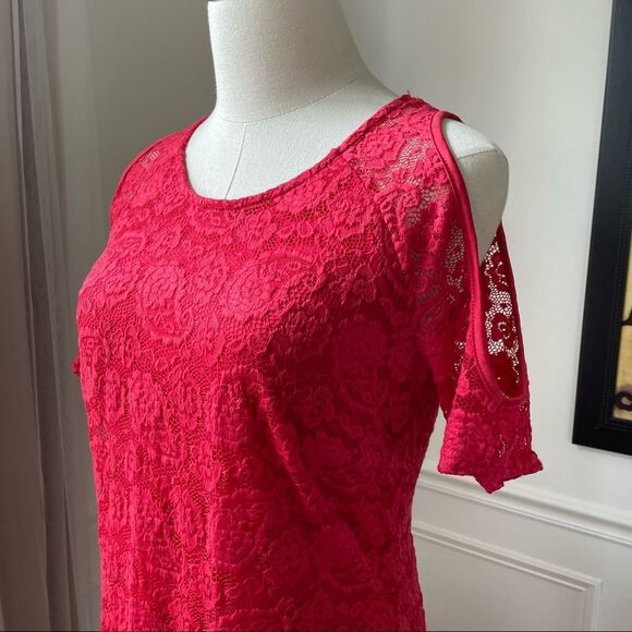Venus Strawberry Red Lace Cold Shoulder Dress M - Picture 3 of 8
